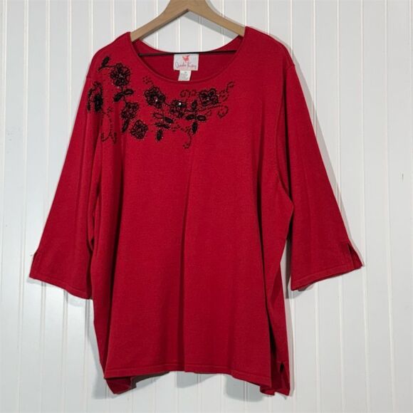 Quacker Factory Women’s 3X Red Embellished Floral Sequin Knit Top 3/4 Sleeve - Picture 1 of 6